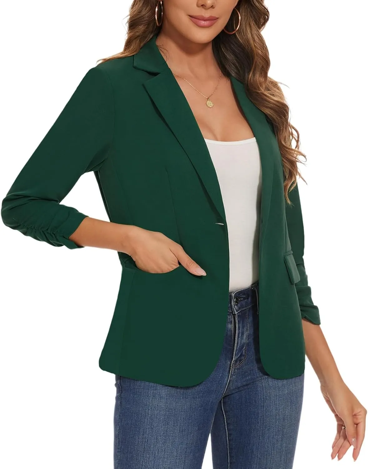 Women's Casual Single Button Front Blazer Ruched 3/4 Sleeve Notched Lapel Office Lightweight Blazers with Pockets