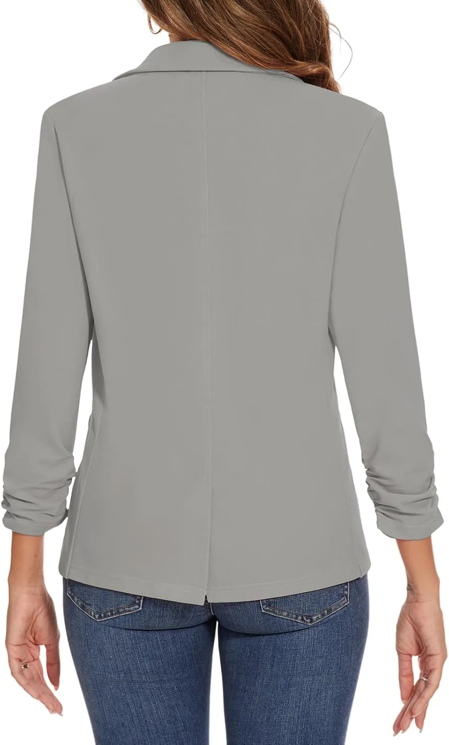 Women's Casual Single Button Front Blazer Ruched 3/4 Sleeve Notched Lapel Office Lightweight Blazers with Pockets