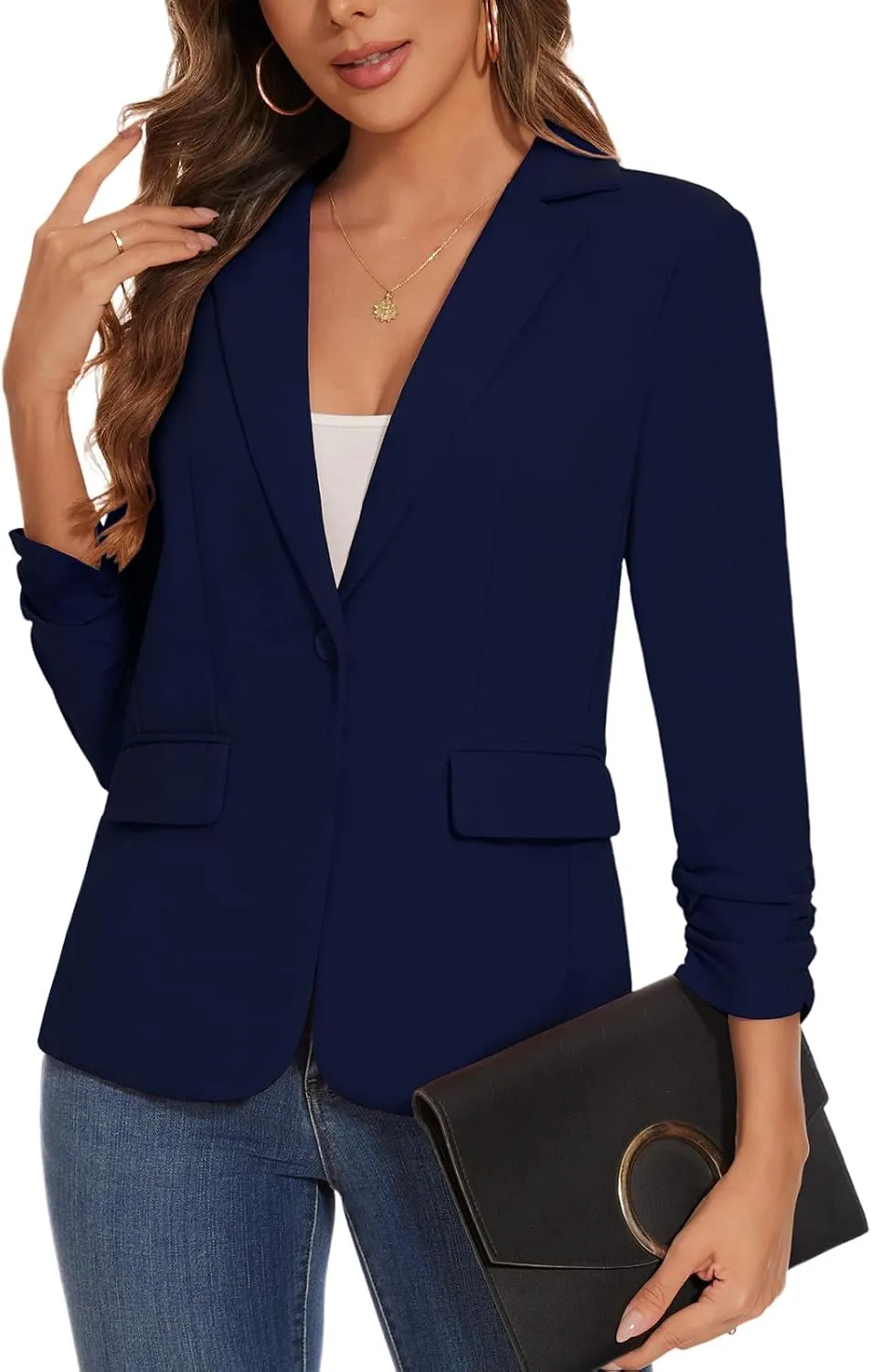 Women's Casual Single Button Front Blazer Ruched 3/4 Sleeve Notched Lapel Office Lightweight Blazers with Pockets
