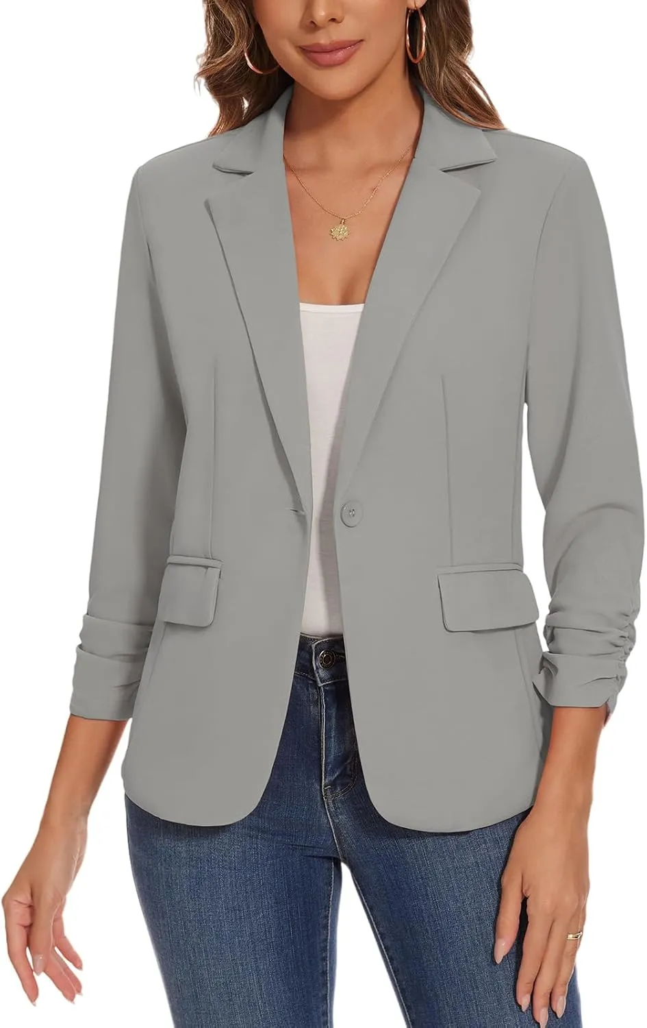 Women's Casual Single Button Front Blazer Ruched 3/4 Sleeve Notched Lapel Office Lightweight Blazers with Pockets