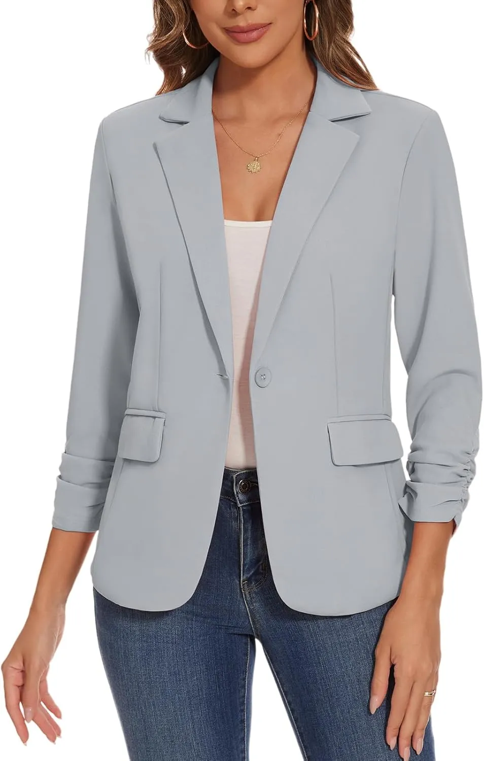 Women's Casual Single Button Front Blazer Ruched 3/4 Sleeve Notched Lapel Office Lightweight Blazers with Pockets