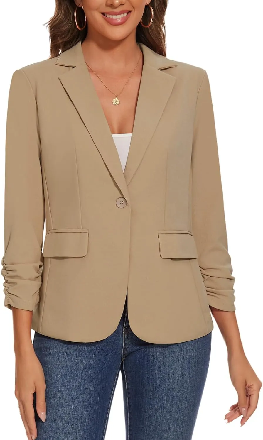 Women's Casual Single Button Front Blazer Ruched 3/4 Sleeve Notched Lapel Office Lightweight Blazers with Pockets