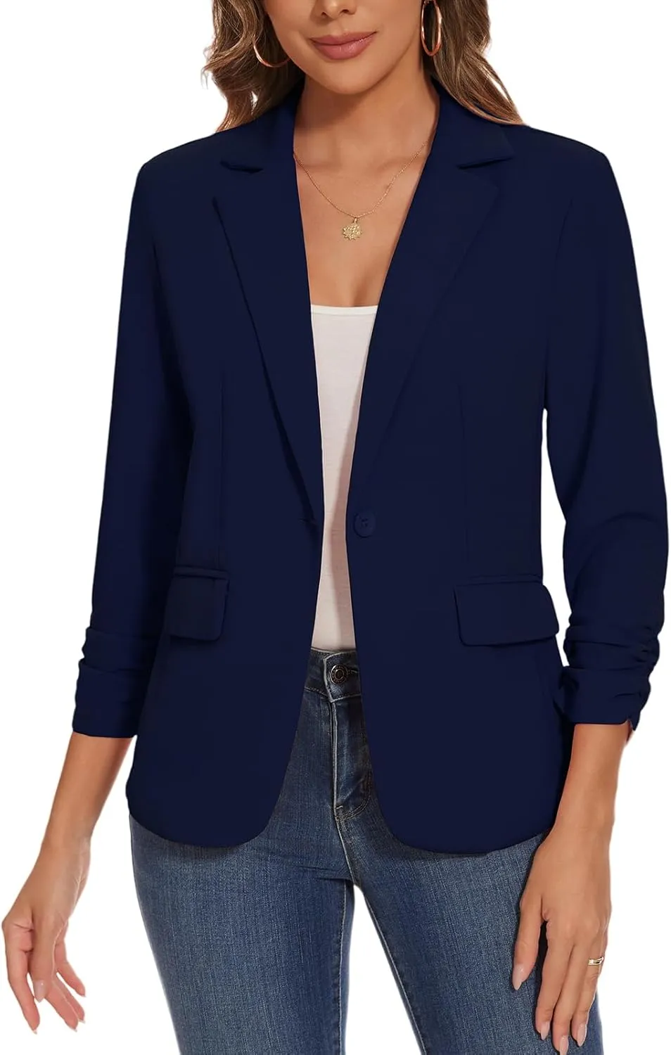 Women's Casual Single Button Front Blazer Ruched 3/4 Sleeve Notched Lapel Office Lightweight Blazers with Pockets