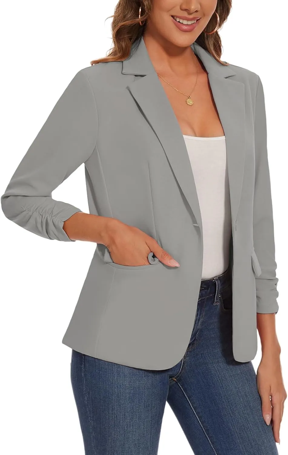 Women's Casual Single Button Front Blazer Ruched 3/4 Sleeve Notched Lapel Office Lightweight Blazers with Pockets