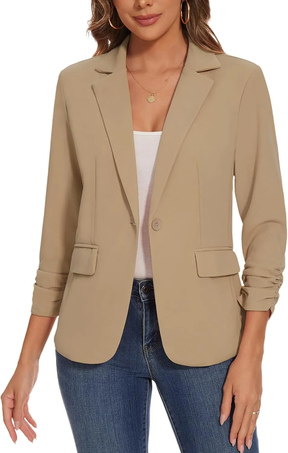 Women's Casual Single Button Front Blazer Ruched 3/4 Sleeve Notched Lapel Office Lightweight Blazers with Pockets