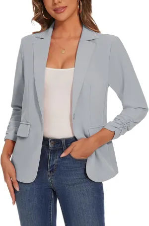 Women's Casual Single Button Front Blazer Ruched 3/4 Sleeve Notched Lapel Office Lightweight Blazers with Pockets