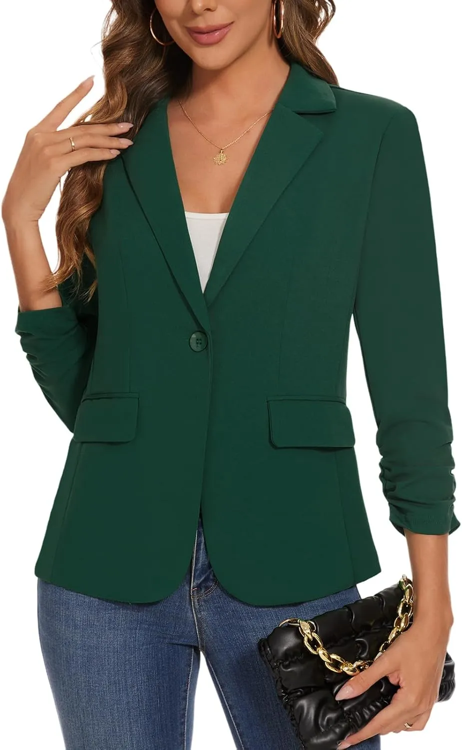 Women's Casual Single Button Front Blazer Ruched 3/4 Sleeve Notched Lapel Office Lightweight Blazers with Pockets