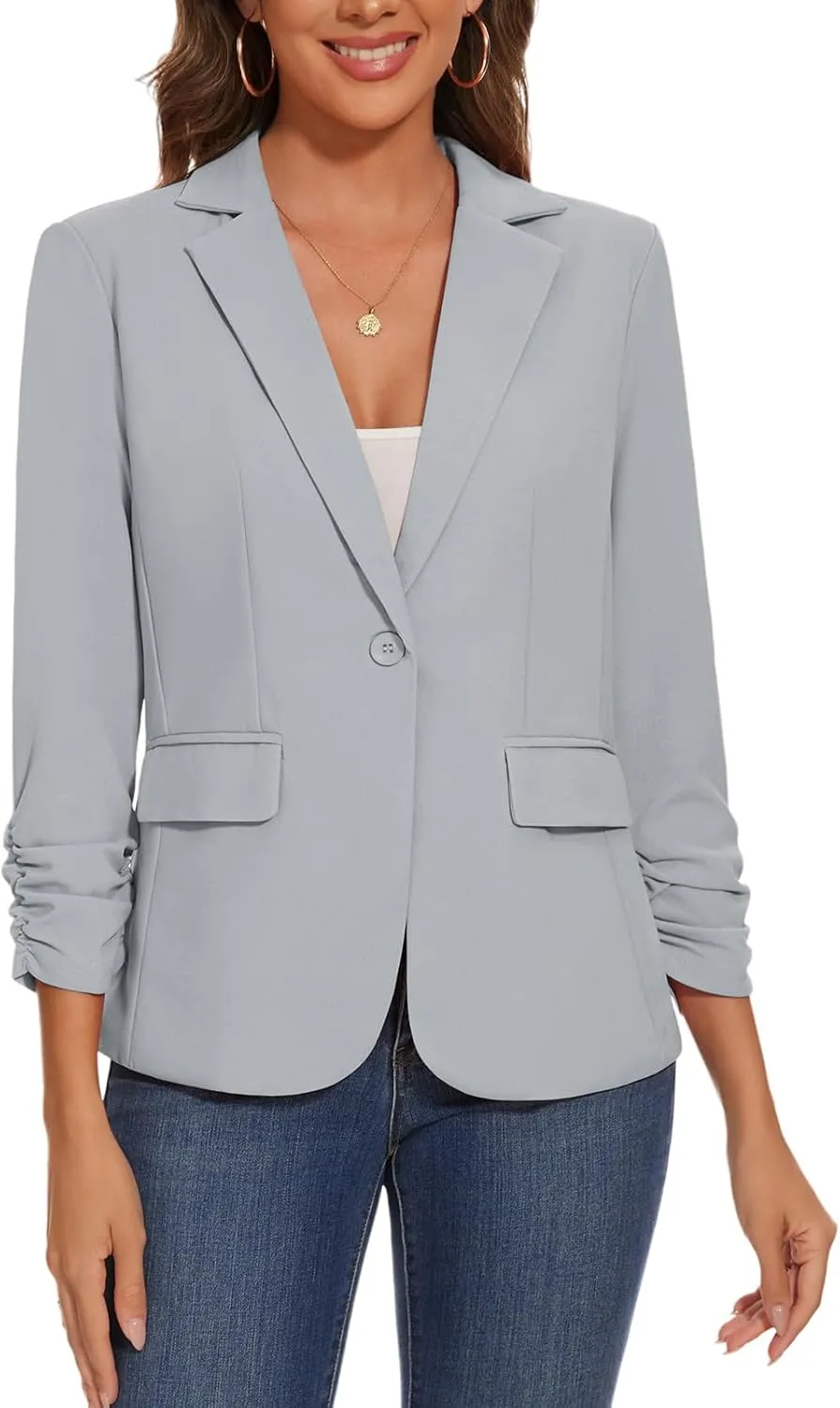 Women's Casual Single Button Front Blazer Ruched 3/4 Sleeve Notched Lapel Office Lightweight Blazers with Pockets