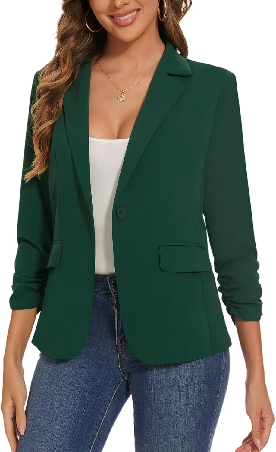 Women's Casual Single Button Front Blazer Ruched 3/4 Sleeve Notched Lapel Office Lightweight Blazers with Pockets