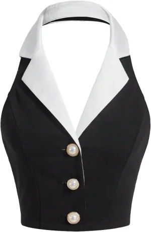 Women's Colorblock Sleeveless Turndown V Neck Collar Button Front Backless Slim Fit Crop Halter Top Tank Top Cropper