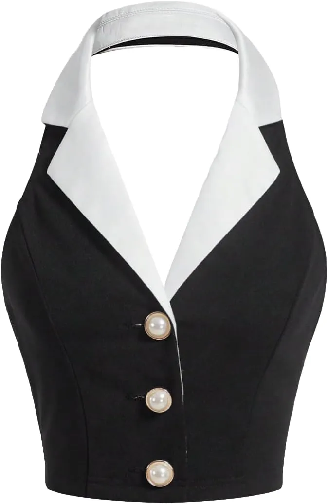 Women's Colorblock Sleeveless Turndown V Neck Collar Button Front Backless Slim Fit Crop Halter Top Tank Top Cropper
