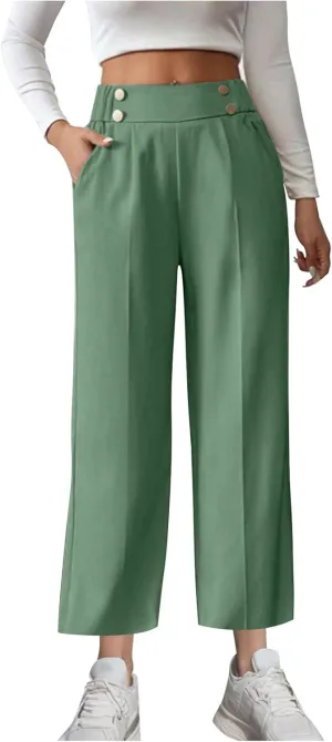 Women's Comfy High Waisted Wide Leg Pants Business Casual Elastic Waist Loose Trendy Solid Color Trousers with Pockets