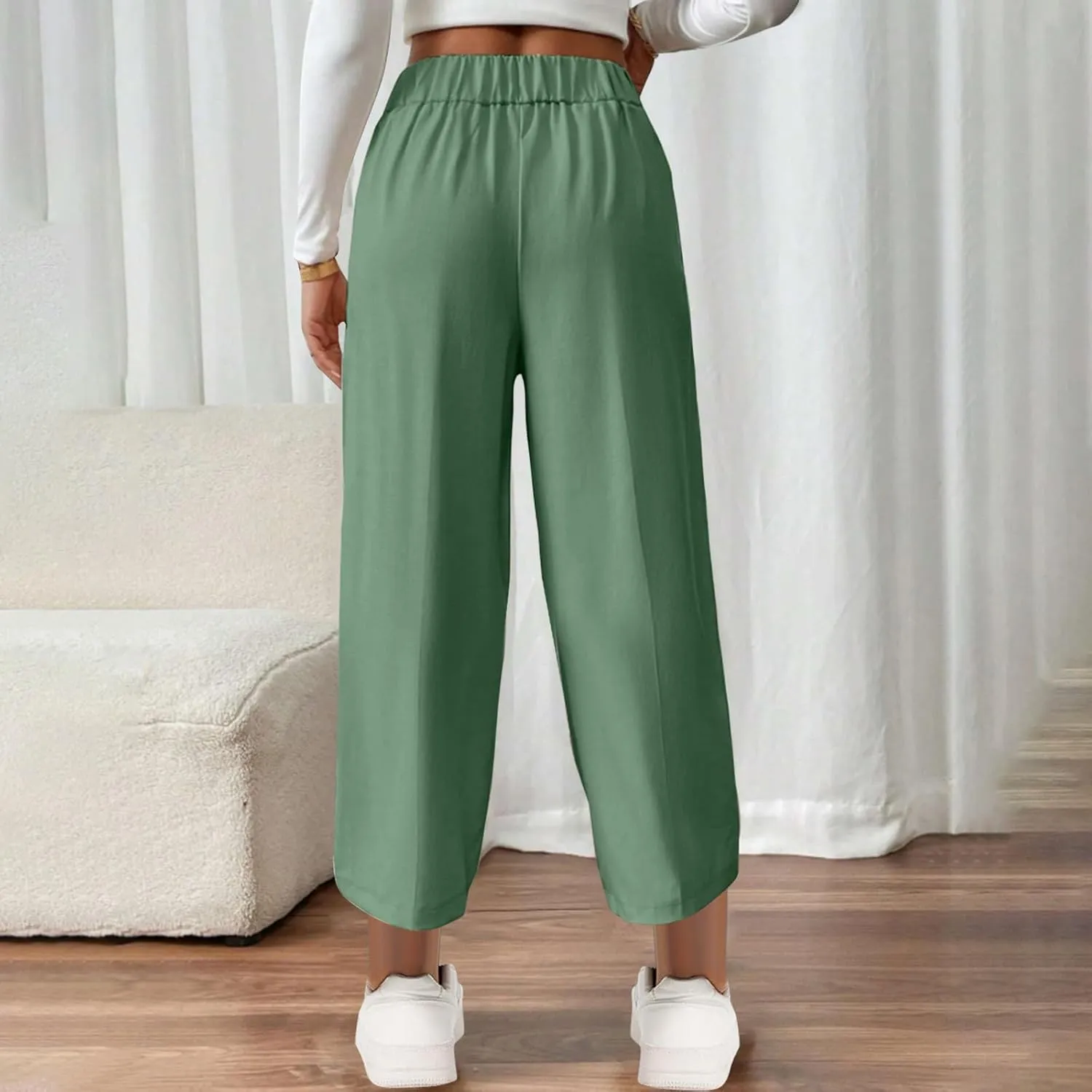 Women's Comfy High Waisted Wide Leg Pants Business Casual Elastic Waist Loose Trendy Solid Color Trousers with Pockets