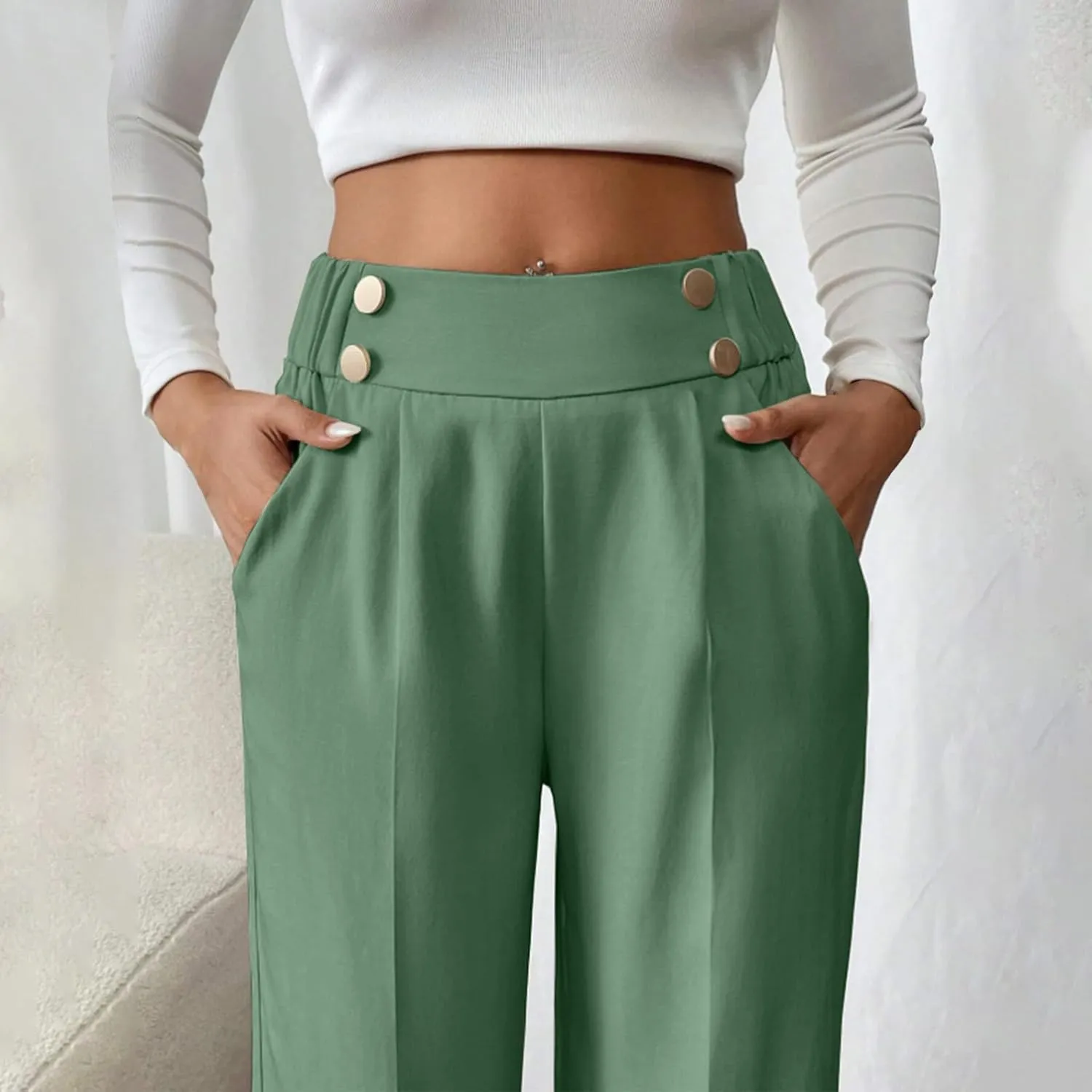 Women's Comfy High Waisted Wide Leg Pants Business Casual Elastic Waist Loose Trendy Solid Color Trousers with Pockets