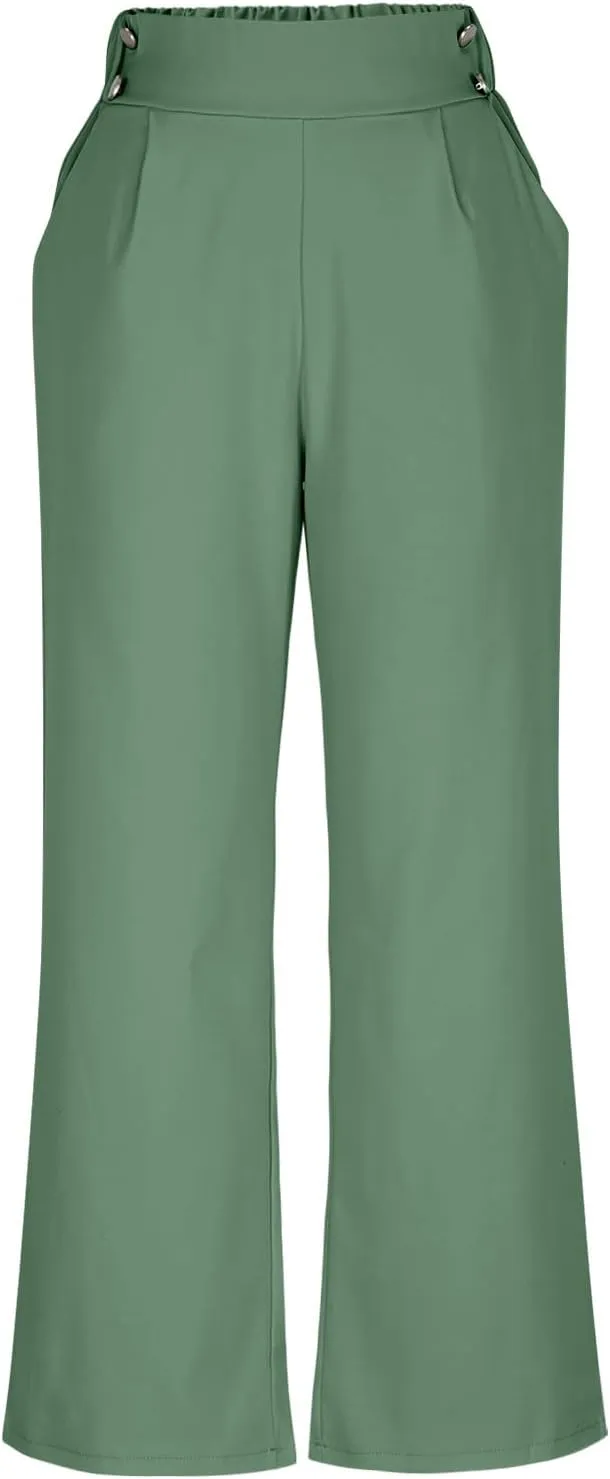 Women's Comfy High Waisted Wide Leg Pants Business Casual Elastic Waist Loose Trendy Solid Color Trousers with Pockets