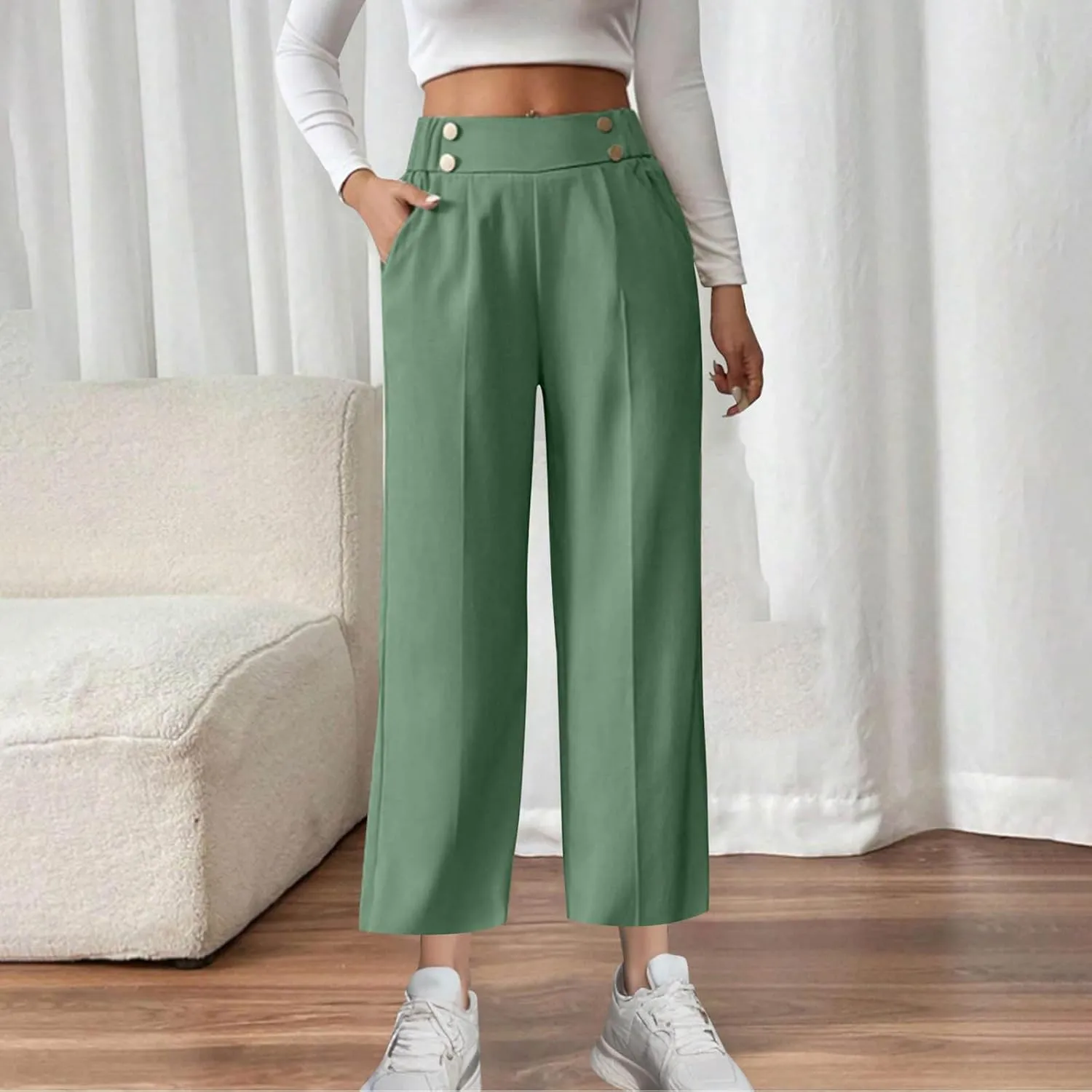 Women's Comfy High Waisted Wide Leg Pants Business Casual Elastic Waist Loose Trendy Solid Color Trousers with Pockets