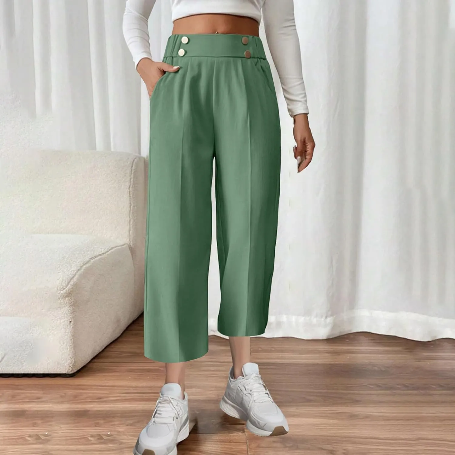Women's Comfy High Waisted Wide Leg Pants Business Casual Elastic Waist Loose Trendy Solid Color Trousers with Pockets