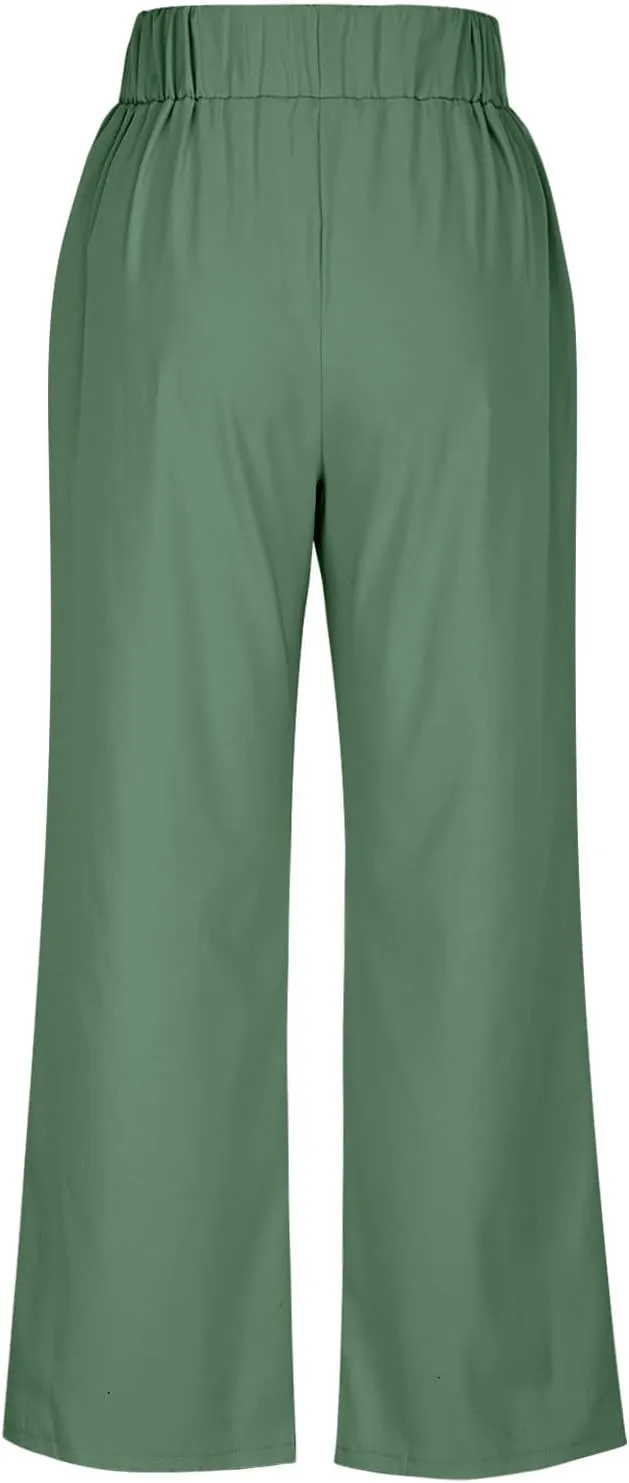 Women's Comfy High Waisted Wide Leg Pants Business Casual Elastic Waist Loose Trendy Solid Color Trousers with Pockets