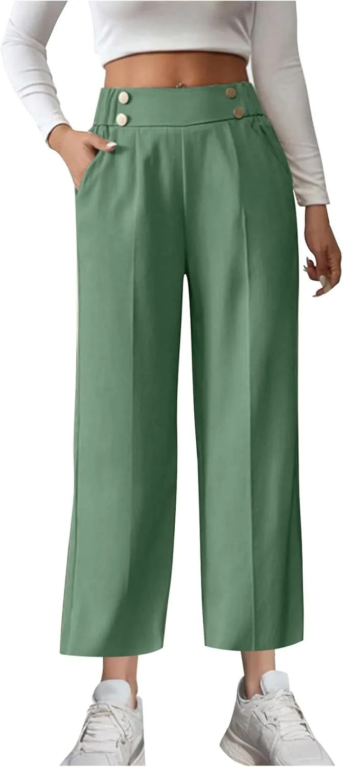 Women's Comfy High Waisted Wide Leg Pants Business Casual Elastic Waist Loose Trendy Solid Color Trousers with Pockets