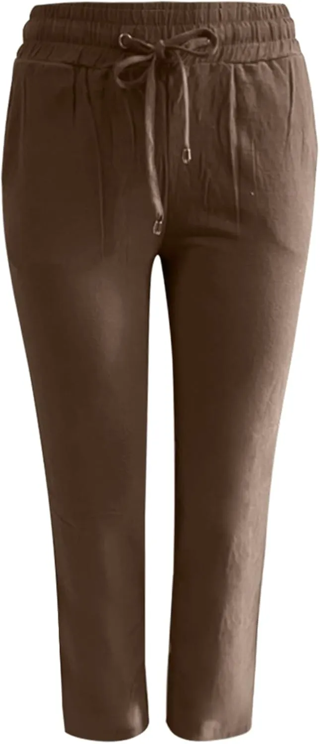 Women's Cotton Linen Pants Casual Loose High Waist Casual Wide Capri Pants Elastic Summer Beach Trousers with Pockets