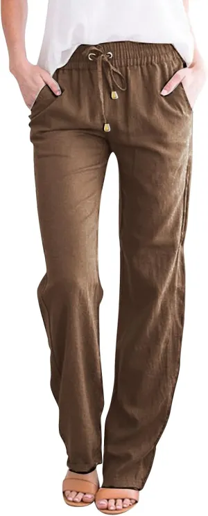 Women's Cotton Linen Pants Casual Loose High Waist Casual Wide Capri Pants Elastic Summer Beach Trousers with Pockets