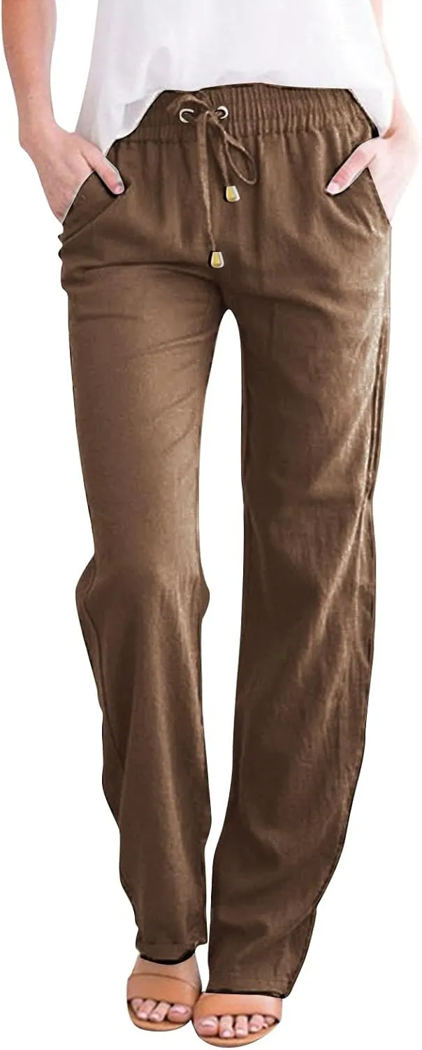 Women's Cotton Linen Pants Casual Loose High Waist Casual Wide Capri Pants Elastic Summer Beach Trousers with Pockets