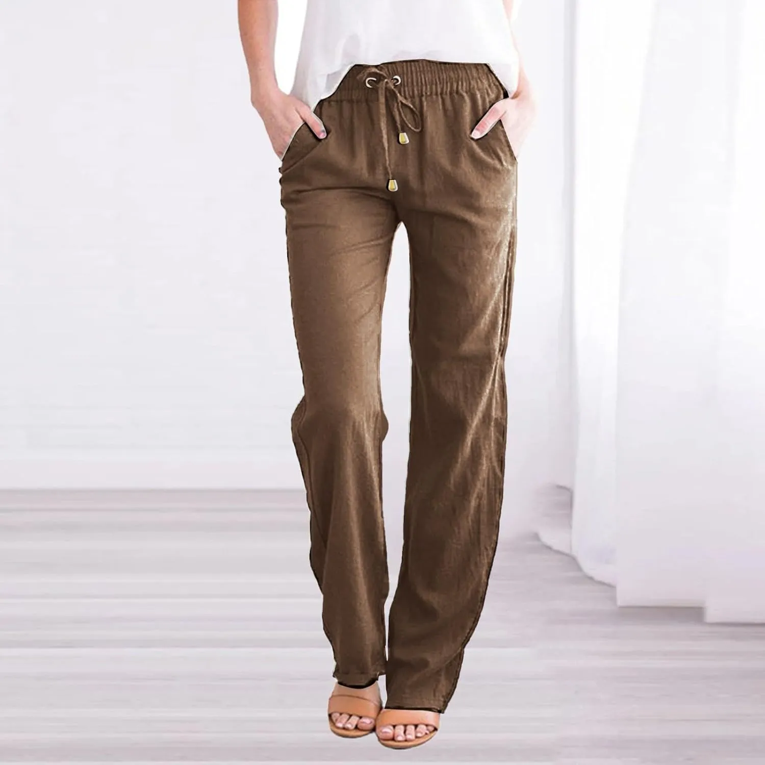 Women's Cotton Linen Pants Casual Loose High Waist Casual Wide Capri Pants Elastic Summer Beach Trousers with Pockets