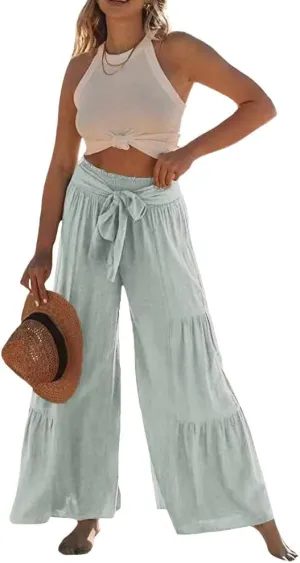 Womens Cotton Linen Wide Leg Flare Pants Fashion Belted High Waisted Layered Smocked Ruffled Solid Lounge Trousers