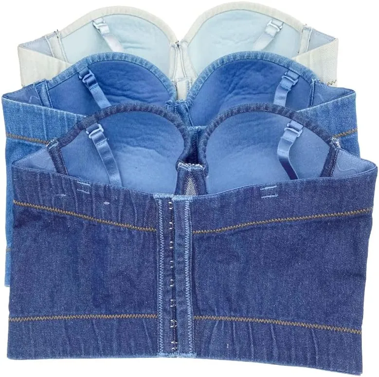 Women's Denim Tank Top Corset Bustier Blue Jean Crop Top Bra Streetwear Cami Detachable Straps Push Up Vest