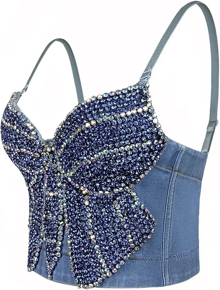 Women's Denim Tank Top Corset Bustier Blue Jean Crop Top Bra Streetwear Cami Detachable Straps Push Up Vest