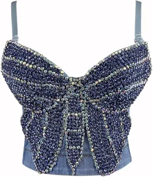 Women's Denim Tank Top Corset Bustier Blue Jean Crop Top Bra Streetwear Cami Detachable Straps Push Up Vest