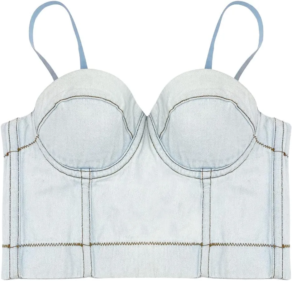 Women's Denim Tank Top Corset Bustier Blue Jean Crop Top Bra Streetwear Cami Detachable Straps Push Up Vest