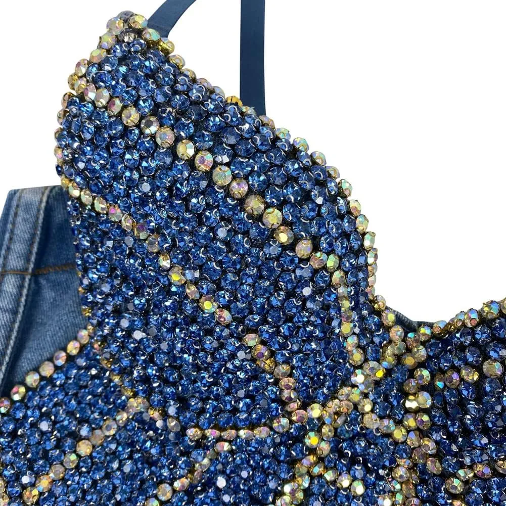 Women's Denim Tank Top Corset Bustier Blue Jean Crop Top Bra Streetwear Cami Detachable Straps Push Up Vest
