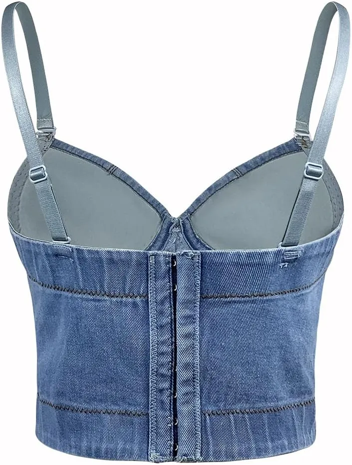 Women's Denim Tank Top Corset Bustier Blue Jean Crop Top Bra Streetwear Cami Detachable Straps Push Up Vest