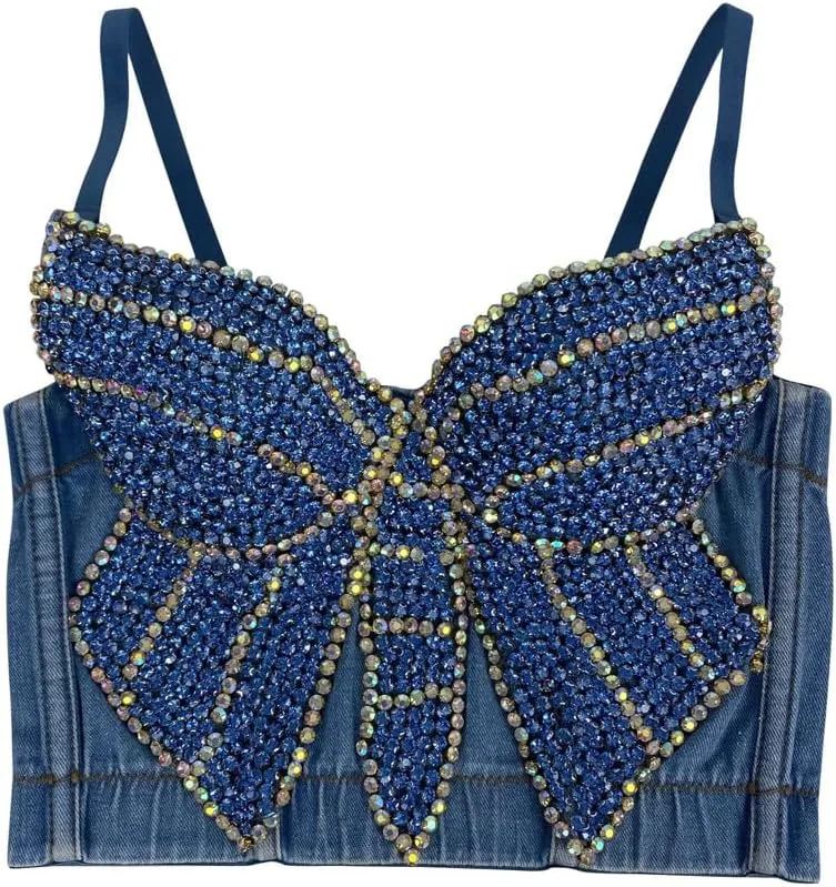 Women's Denim Tank Top Corset Bustier Blue Jean Crop Top Bra Streetwear Cami Detachable Straps Push Up Vest