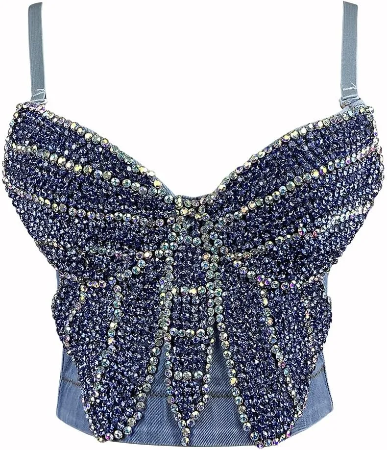Women's Denim Tank Top Corset Bustier Blue Jean Crop Top Bra Streetwear Cami Detachable Straps Push Up Vest