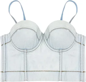 Women's Denim Tank Top Corset Bustier Blue Jean Crop Top Bra Streetwear Cami Detachable Straps Push Up Vest