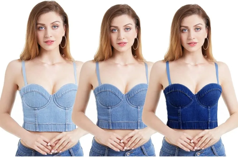 Women's Denim Tank Top Corset Bustier Blue Jean Crop Top Bra Streetwear Cami Detachable Straps Push Up Vest