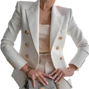 Women's Double Breasted Solid Color Slim Long Sleeve Business Casual Short Jacket Office Blazer