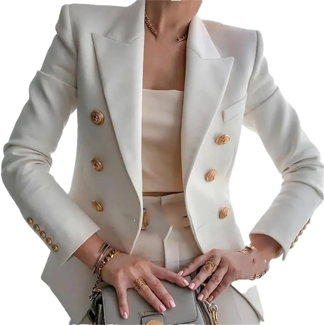 Women's Double Breasted Solid Color Slim Long Sleeve Business Casual Short Jacket Office Blazer