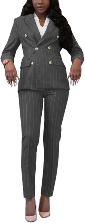 Women's Double Breasted Striped 2 Piece Suit Set Business Blazer Jacket and Pants