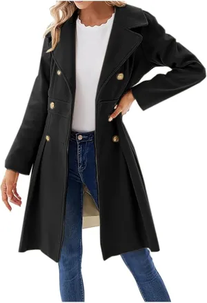 Womens Double Breasted Trench Coat Wool Blend Notch Lapel Pea Coat Elegant Long Coats Jacket Overcoat