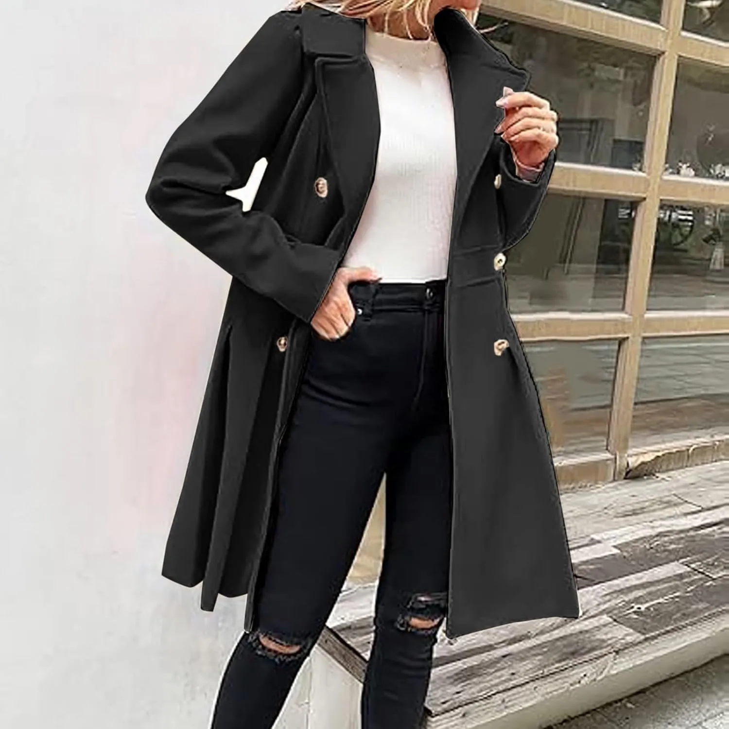 Womens Double Breasted Trench Coat Wool Blend Notch Lapel Pea Coat Elegant Long Coats Jacket Overcoat