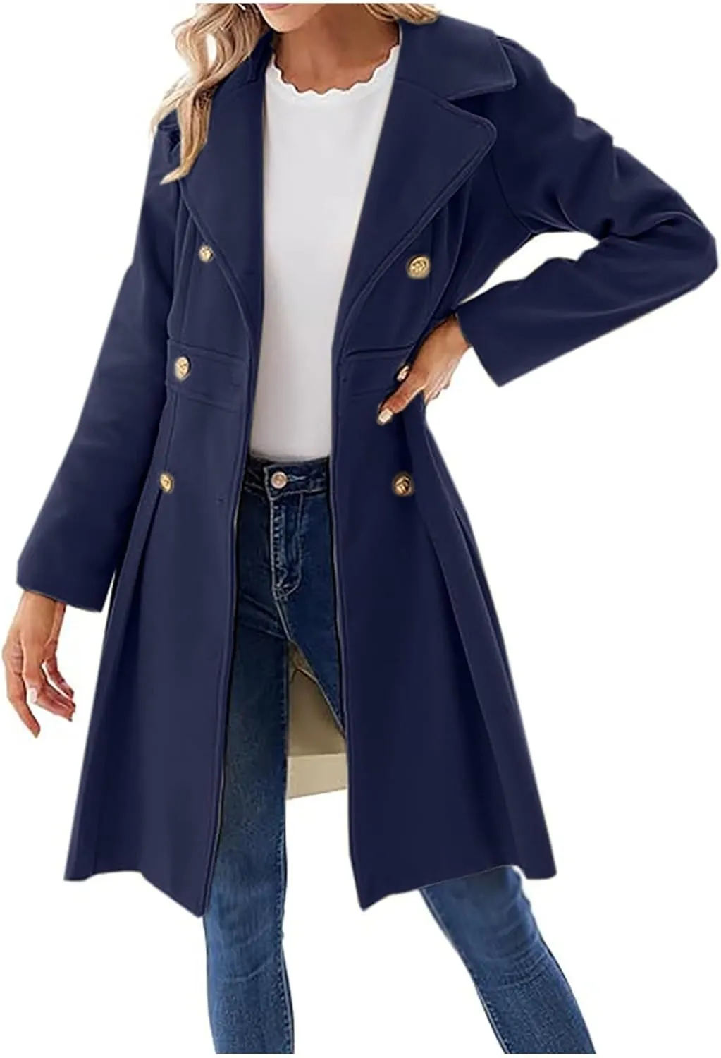 Womens Double Breasted Trench Coat Wool Blend Notch Lapel Pea Coat Elegant Long Coats Jacket Overcoat
