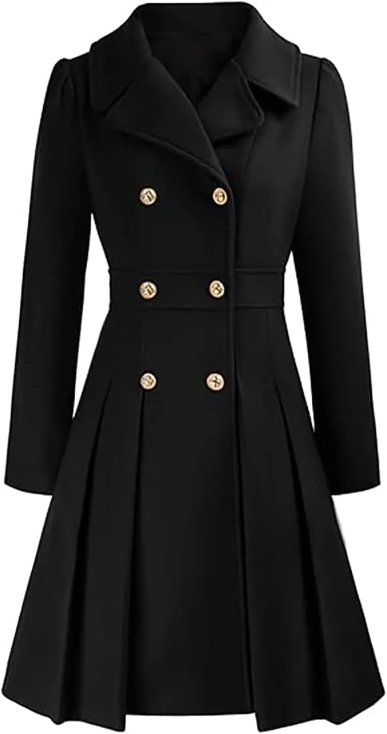 Womens Double Breasted Trench Coat Wool Blend Notch Lapel Pea Coat Elegant Long Coats Jacket Overcoat