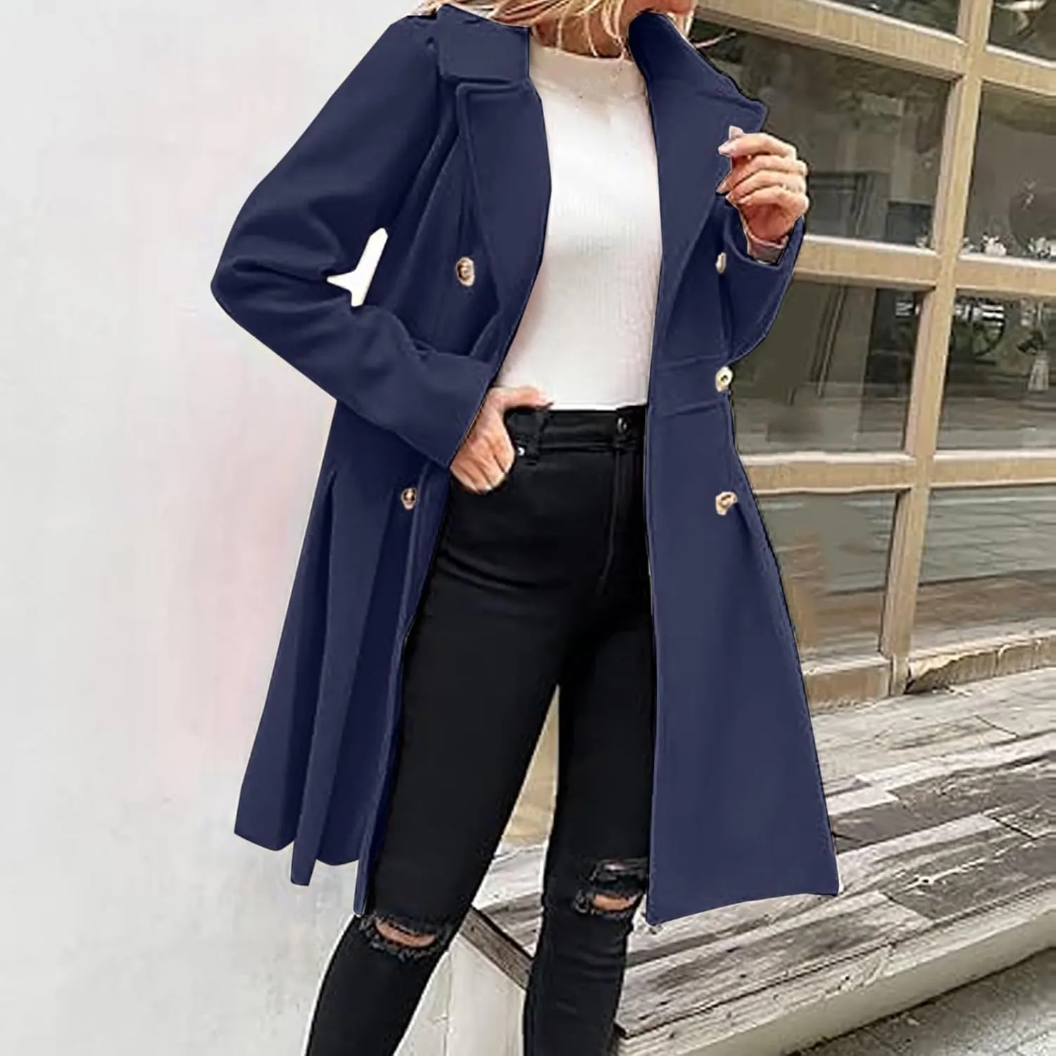 Womens Double Breasted Trench Coat Wool Blend Notch Lapel Pea Coat Elegant Long Coats Jacket Overcoat