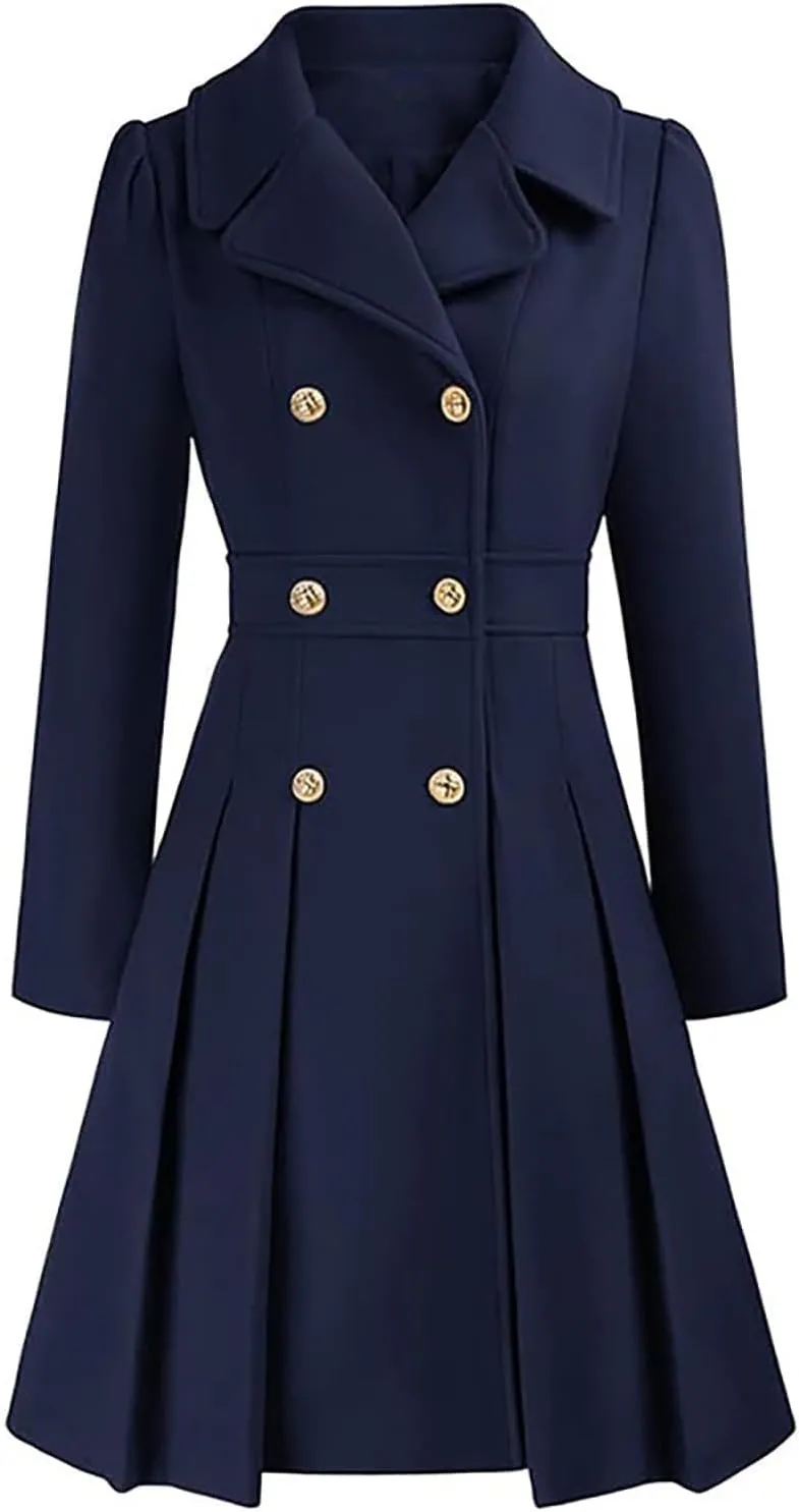 Womens Double Breasted Trench Coat Wool Blend Notch Lapel Pea Coat Elegant Long Coats Jacket Overcoat