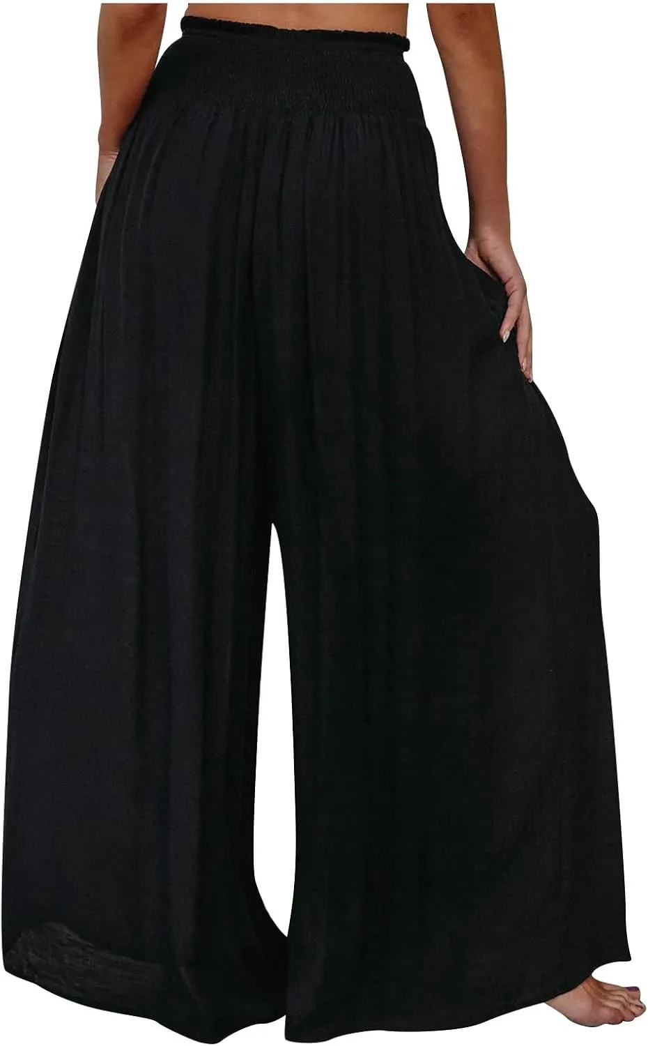 Women's Elastic High Waist Trousers Solid Color Wide Leg Flowy Sports Pants Casual Fashion Yoga Pants with Pockets