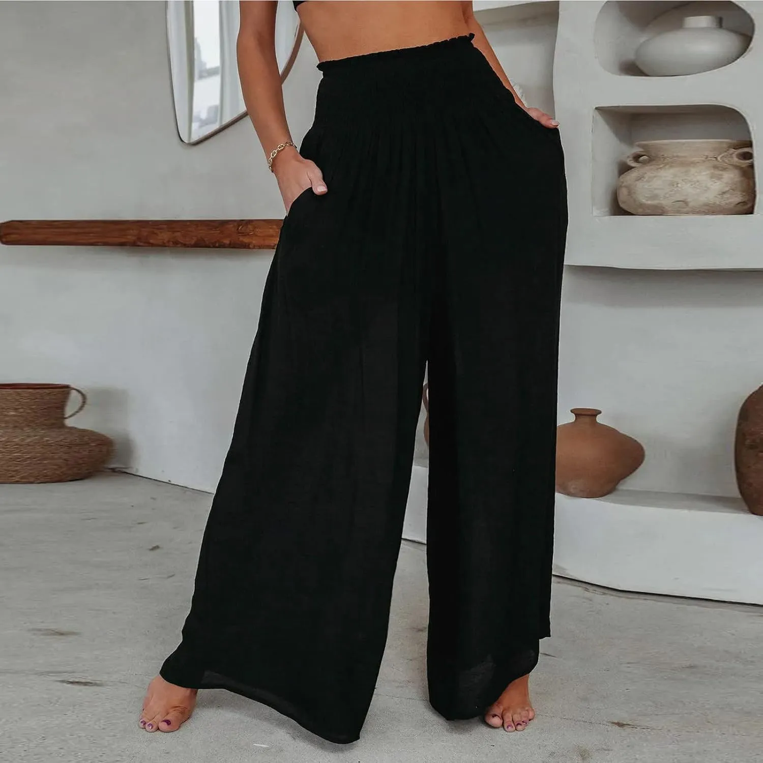 Women's Elastic High Waist Trousers Solid Color Wide Leg Flowy Sports Pants Casual Fashion Yoga Pants with Pockets