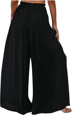 Women's Elastic High Waist Trousers Solid Color Wide Leg Flowy Sports Pants Casual Fashion Yoga Pants with Pockets
